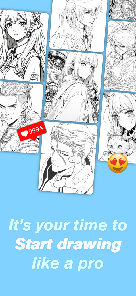 プロのように描き始める時が来た、というテキスト付きのアニメキャラクタースケッチのギャラリー