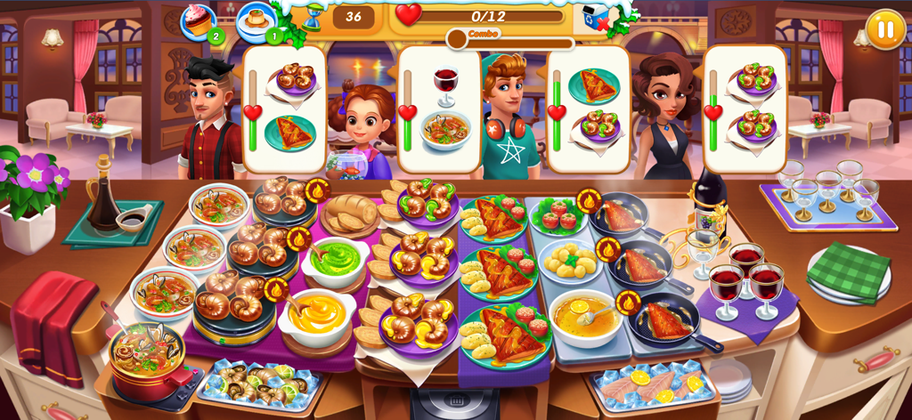 Gameplay screenshot of Cooking Earth Chef Game showing a busy kitchen serving customers various seafood dishes.
