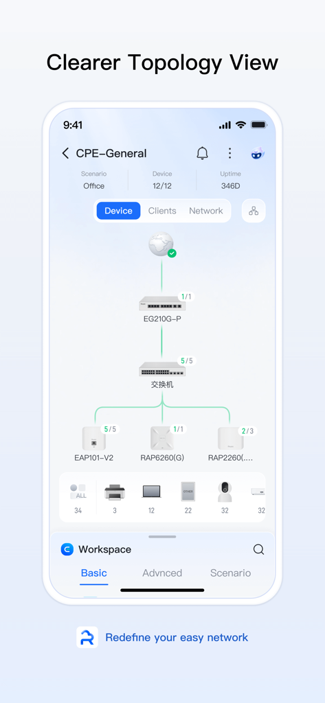 Ruijie Reyee - Ruijie Reyeeアプリのインターフェース。接続されたゲートウェイとアクセスポイントを示す明確なネットワークトポロジービューが表示されています。