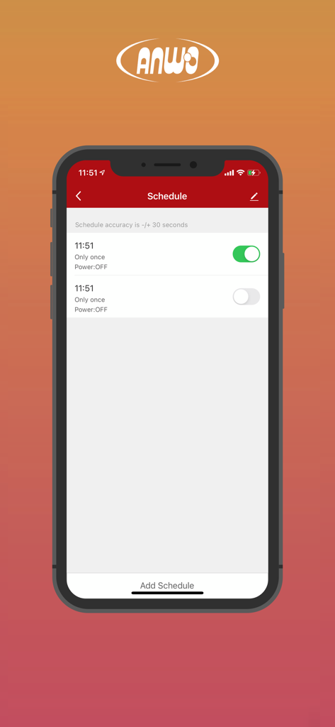 Schedule and timer screen in the ANWO Home smart home app showing device power settings