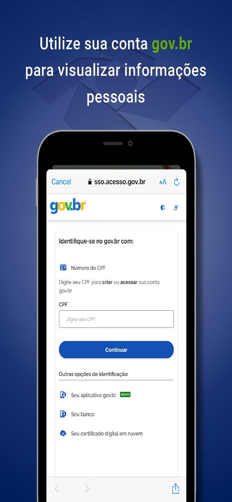 gov.brアカウントを使用したReceita Federalアプリのログイン画面。