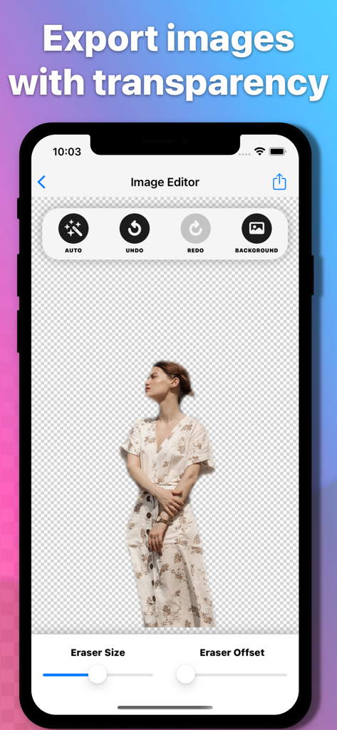 Background Eraser - PNG Maker - Smartphone screen displaying the Background Eraser app with a woman subject on a transparent background