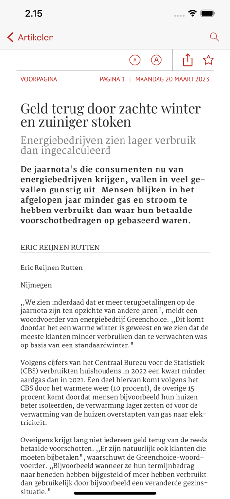 Screenshot of a news article in the De Gelderlander mobile app showing a headline about energy savings in Dutch