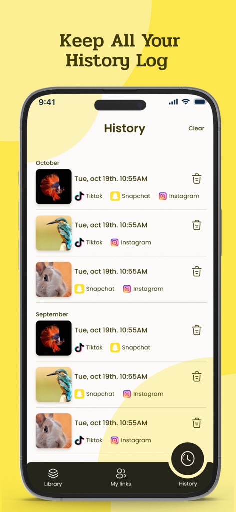 History screen of SendSnap app listing previously shared photos to TikTok Snapchat and Instagram