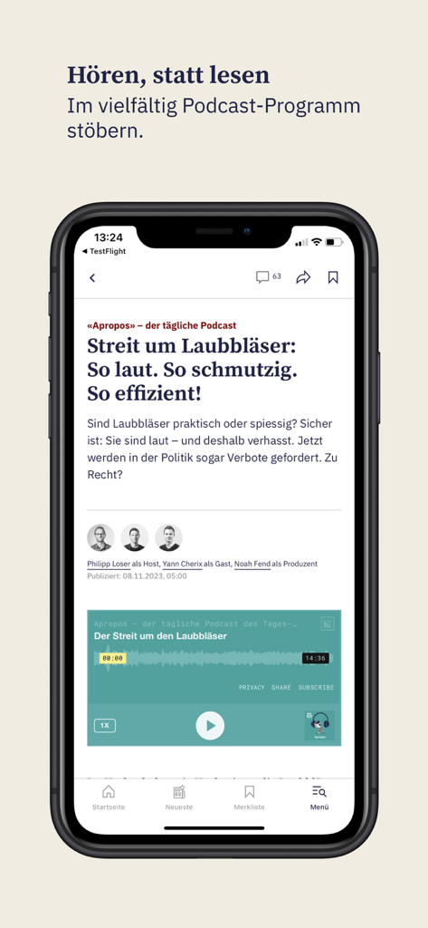 Interface de l'application BZ Berner Zeitung News affichant un article de podcast avec lecteur audio intégré