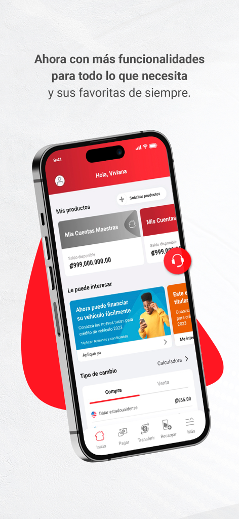 App Davivienda Costa Rica - Dashboard of the Davivienda Costa Rica mobile app showing account balances and currency exchange rates