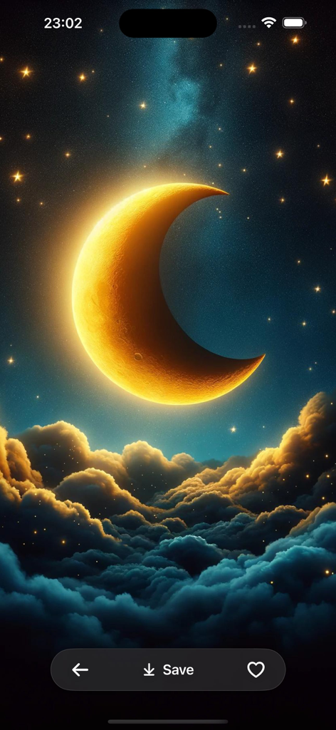 A glowing golden crescent moon in a starry night sky above dramatic golden-lit clouds