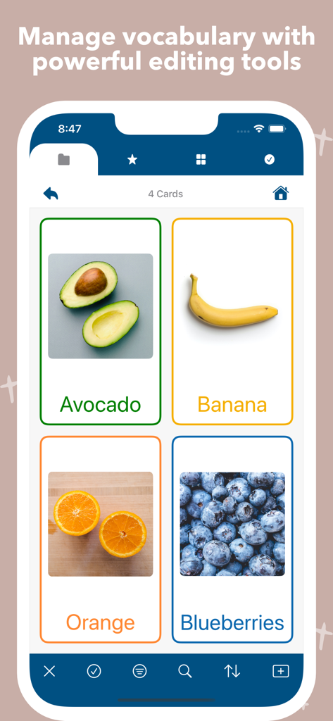 Interfaz de la aplicación Mighty AAC que muestra una cuadrícula de tarjetas de comunicación con fotos reales de frutas