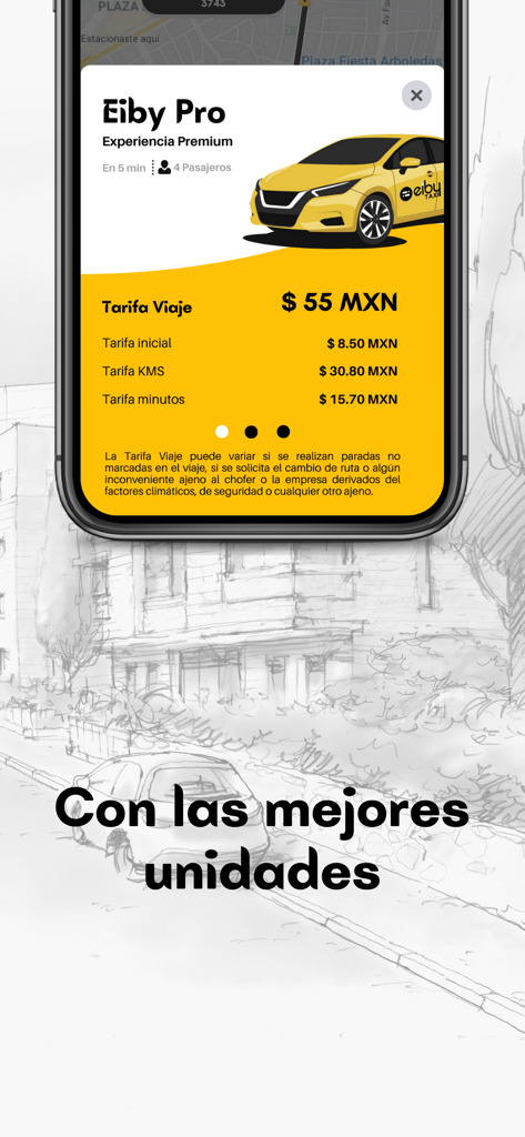 Eiby Taxi app interface showing Eiby Pro premium service and a detailed fare breakdown in Mexican Pesos