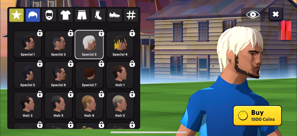 Soccer League - Football Match - サッカーリーグのキャラクターカスタマイズメニューで、サッカー選手の様々なヘアスタイルのオプションが表示されている様子