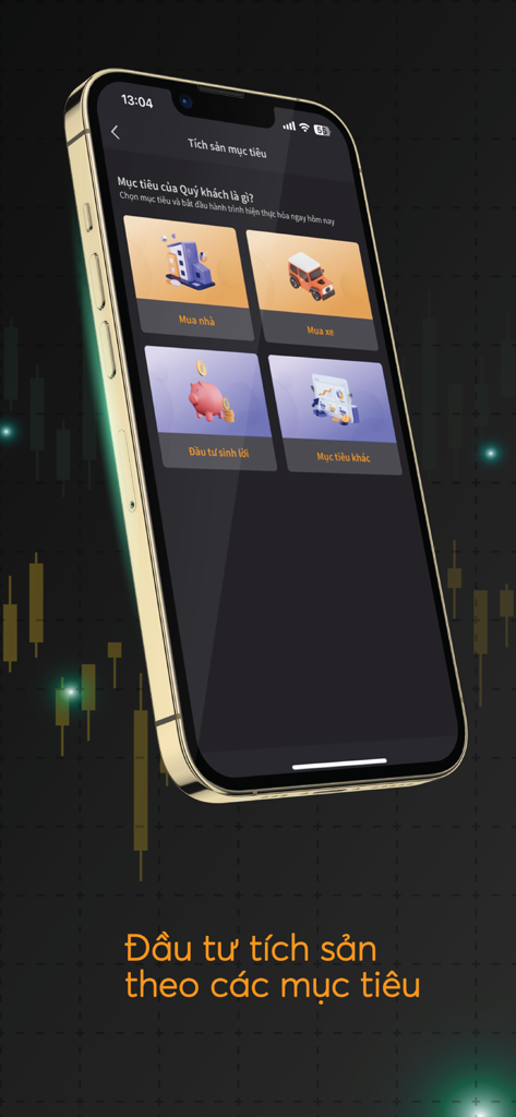 VNDIRECT DGO - VNDIRECT DGO App-Oberfläche zeigt zielbasierte Investitionsoptionen für den Vermögensaufbau