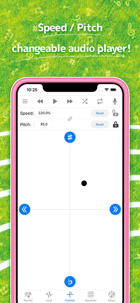 Hayaemon music player app interface showing speed and pitch adjustment controls
