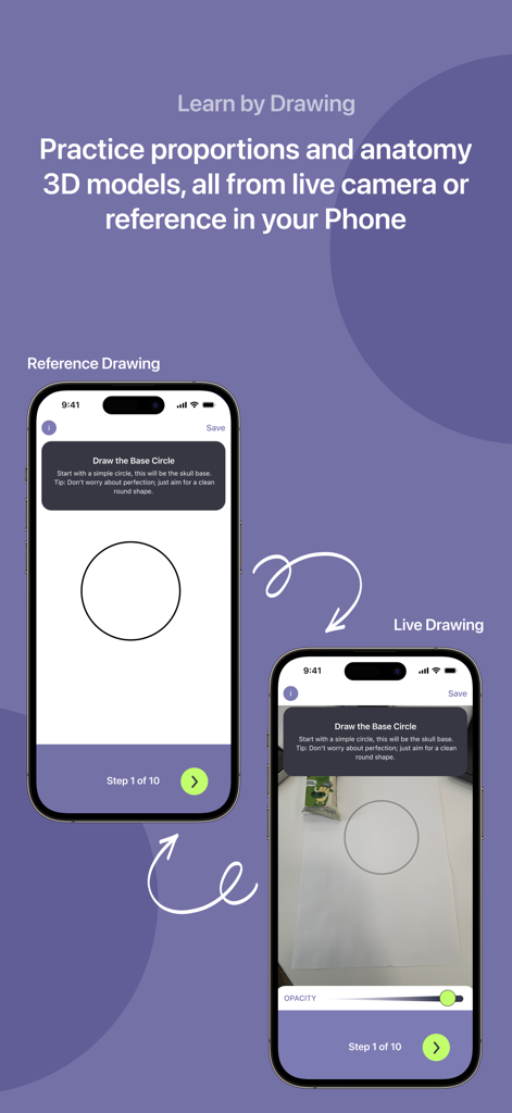 WeDraw: Trace & Create - Comparaison des modes de dessin par référence et de traçage RA en direct dans l'application WeDraw.