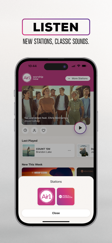 Air1 - Air1 worship music app interface showing station selection and current tracks