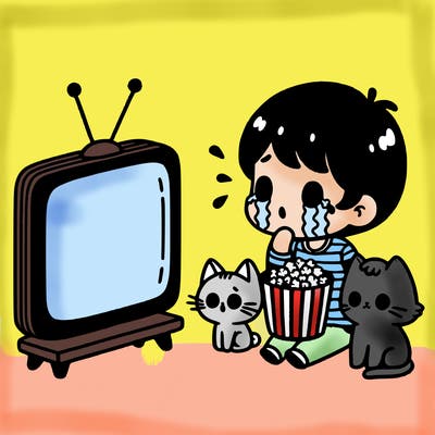 girl with short hair crying in front of the tv with popcorn and her cat next to them comforting her