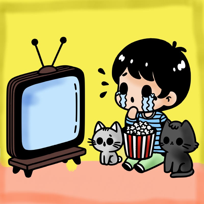 girl with short hair crying in front of the tv with popcorn and her cat next to them comforting her