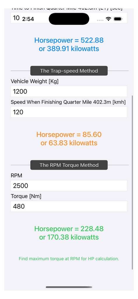 Interface of the Engine Horsepower Calculator app showing Trap-speed and RPM Torque calculation results