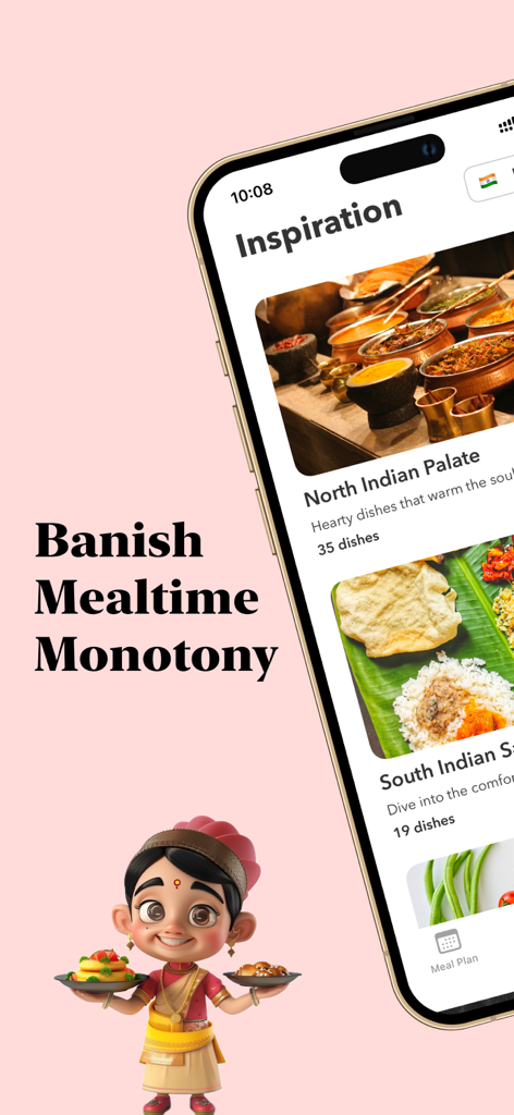 Plat – AI Meal Planner - Schermata dello smartphone che mostra la pagina di ispirazione dell'app Plat con raccolte di pasti del Nord e del Sud dell'India e un personaggio animato in 3D che tiene del cibo.