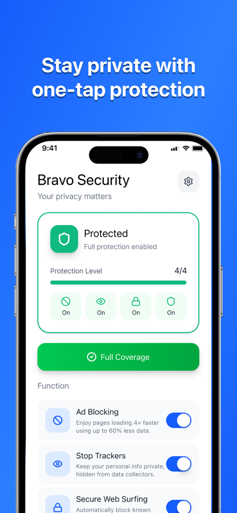 Bravo Security mobile app dashboard showing active privacy protection and ad blocking features