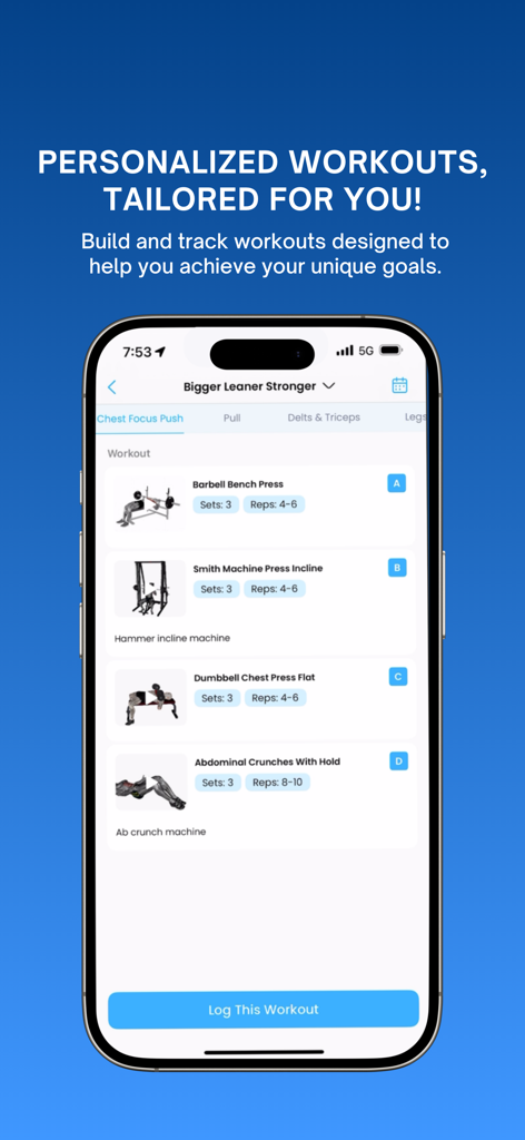Tela de smartphone mostrando um plano de treino personalizado no aplicativo Kahunas com exercícios como supino e abdominais