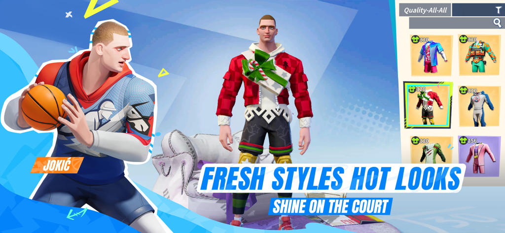 Dunk City Dynasty - El jugador de baloncesto Jokic en Dunk City Dynasty junto a un menú de elegantes atuendos urbanos