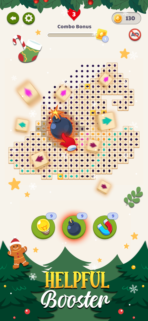 Color Tap: Art Unblock Puzzle - Christmas level in Color Tap Art Unblock Puzzle showing a bomb booster