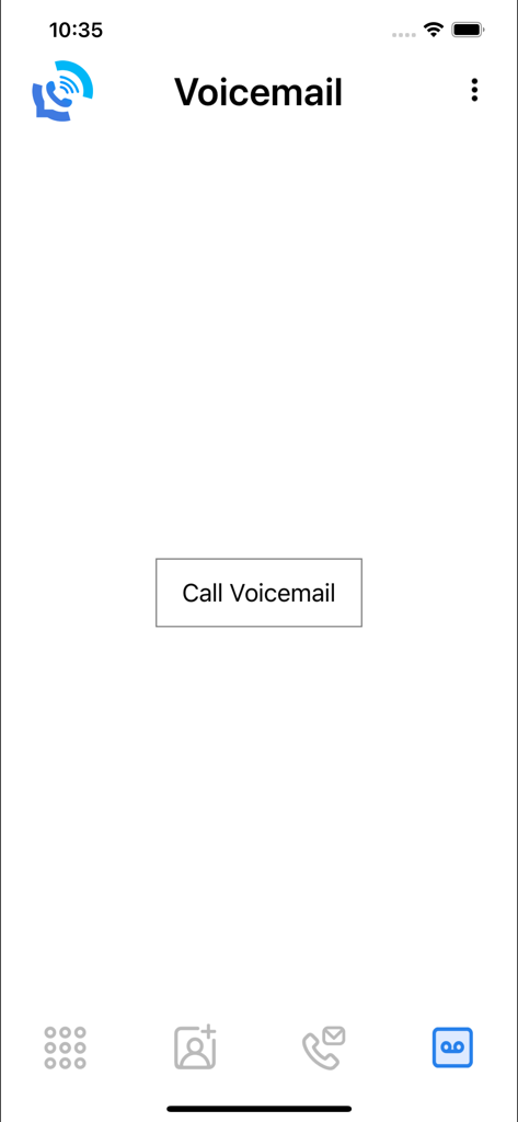 KingKing voice roaming service - Pantalla de buzón de voz de la aplicación de roaming de voz KingKing que muestra un botón central para llamar al buzón de voz.