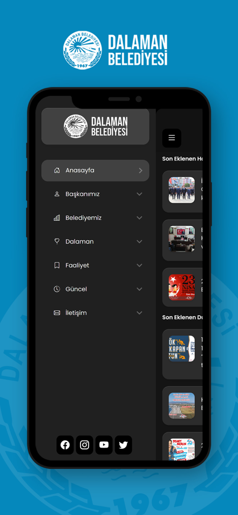 Dalaman Belediyesi - Dalaman Belediyesi mobile app navigation menu showing sections for news, municipal services, and social media links.