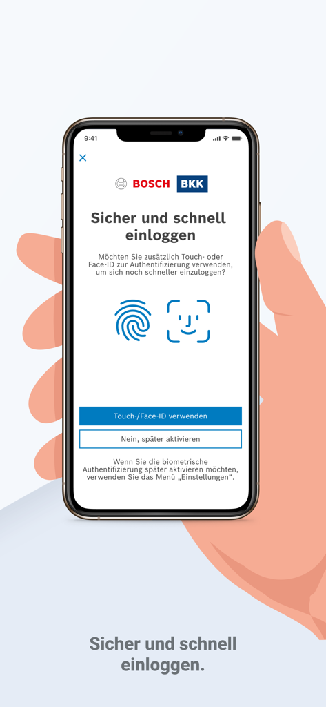 Bosch BKK app login screen showing Touch ID and Face ID setup for secure access.