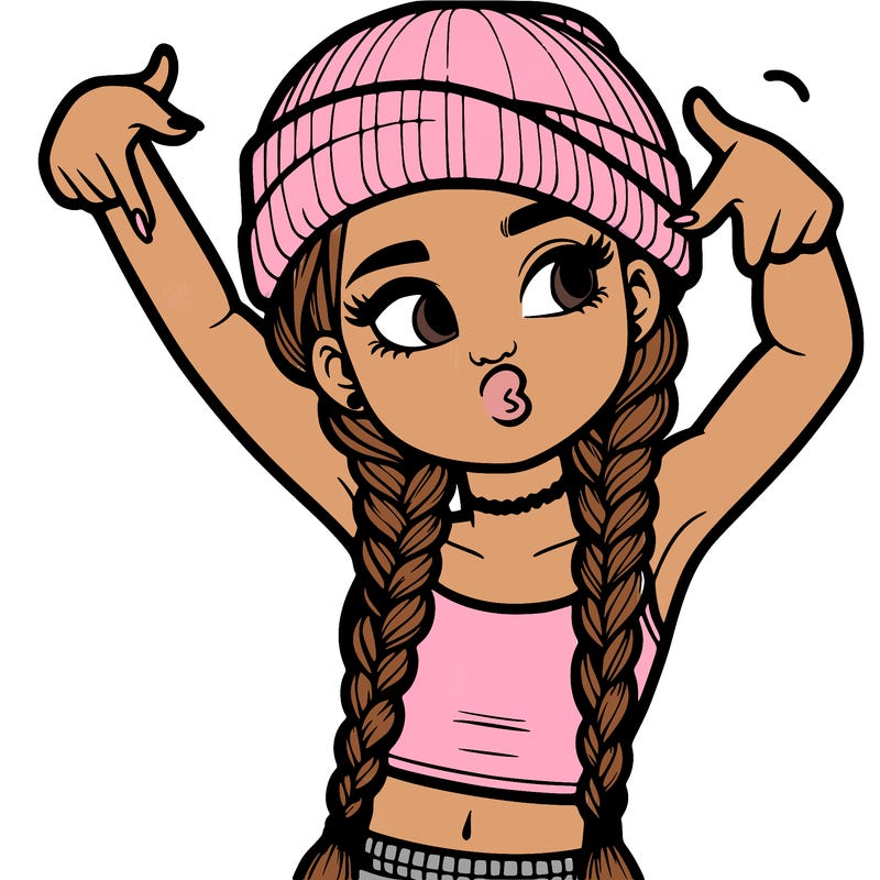 realistic teenage girl with braids and a beanie and crop top doing 🫶🏼