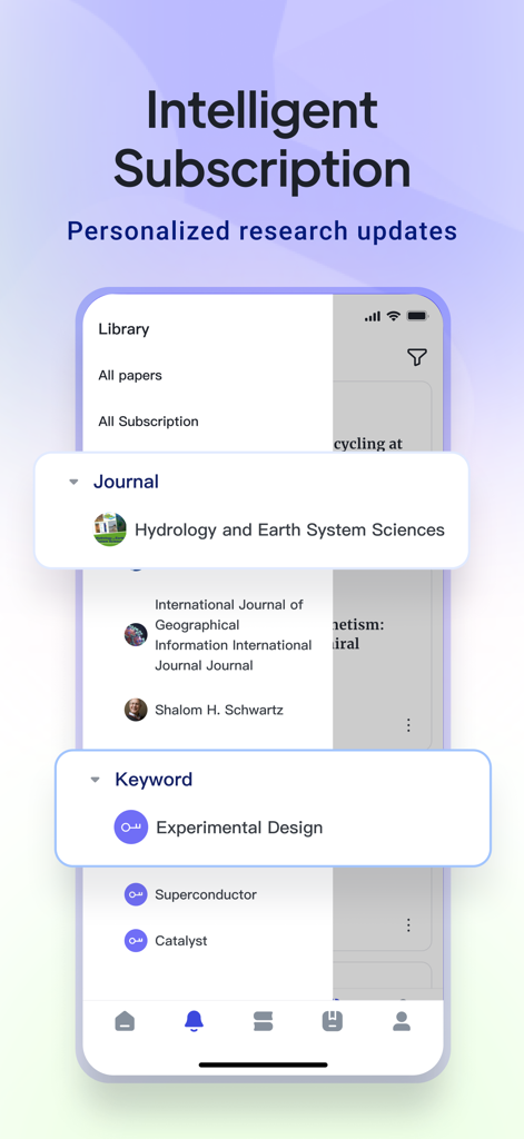 Bohriumアプリのインターフェース。学術雑誌やキーワードからのパーソナライズされた研究更新のためのインテリジェントサブスクリプション機能が表示されています。