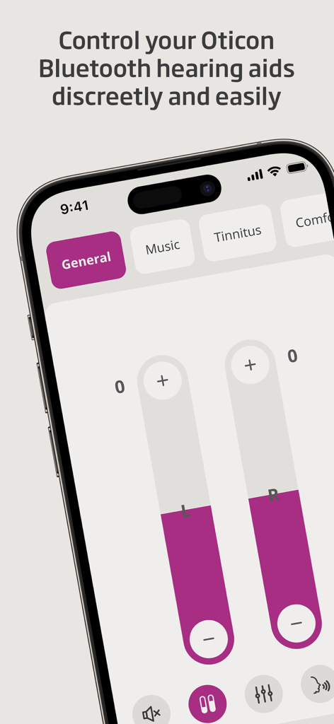 Oticon Companion app interface on a smartphone showing volume sliders for left and right hearing aids