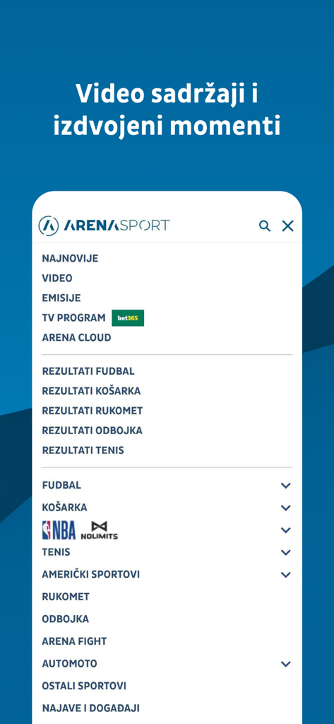 Navigation menu of the TV Arena Sport app displaying sports categories and live scores in Serbian