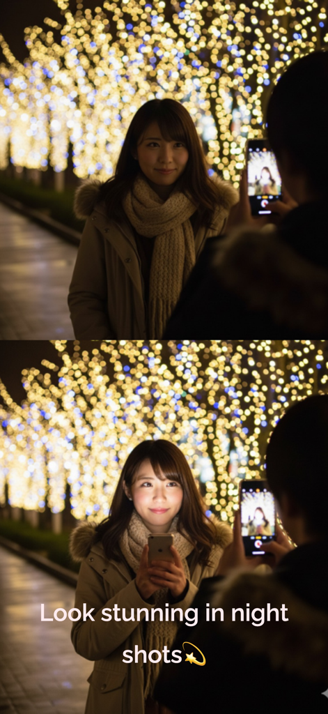 Lumee - Glow up light - Comparación de antes y después de una mujer fotografiada de noche con y sin la aplicación de luz de pantalla Lumee.