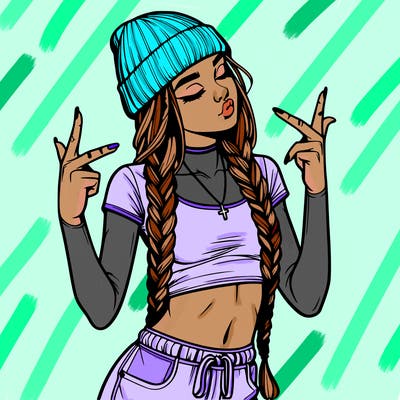 realistic teenage girl with braids and a beanie and crop top doing 🫶🏼