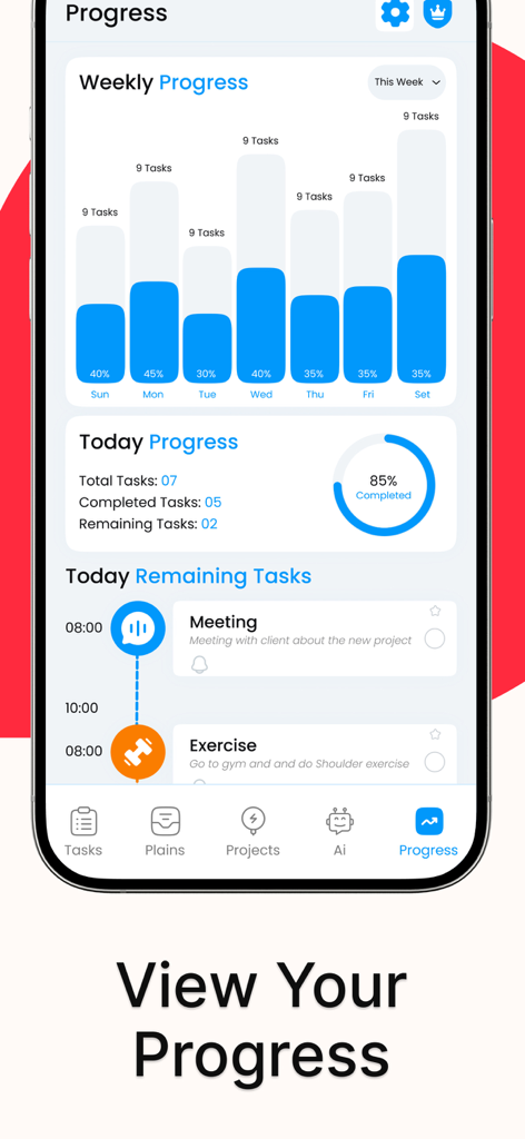 Daily Routine Planner Schedule - Gráficos de progreso semanales y estado de finalización de metas diarias en una aplicación de productividad