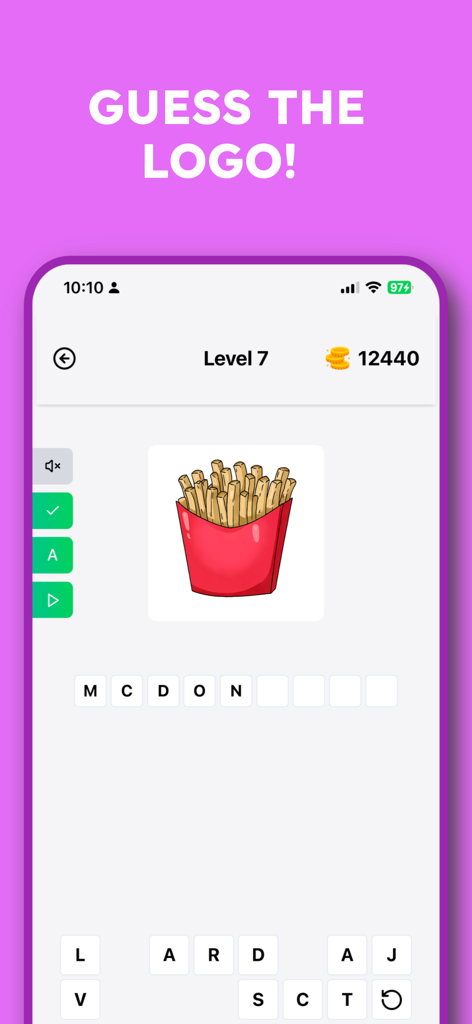Logo Quiz 2025 Guess the brand - A screenshot of the Logo Quiz 2025 game showing a French fries logo and letters to spell out McDonalds at level seven