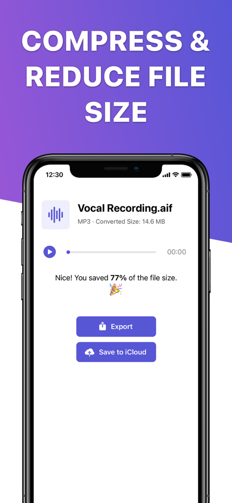 Video 2 MP3 Converter - Interface do aplicativo móvel mostrando compressão de arquivo de áudio e redução de 77% no tamanho do arquivo para uma gravação vocal.