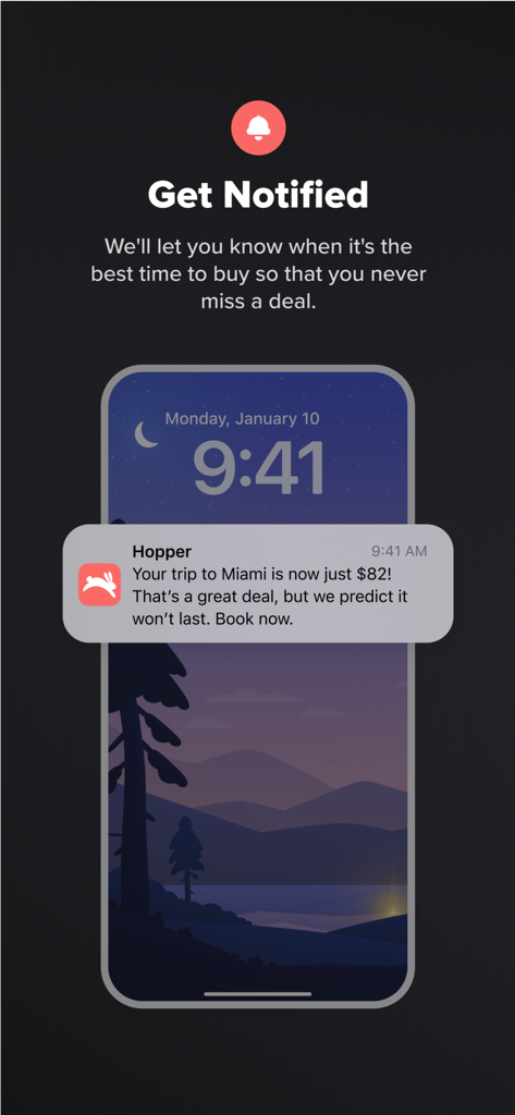 Hopper app notification on an iPhone lock screen showing a flight deal alert for Miami