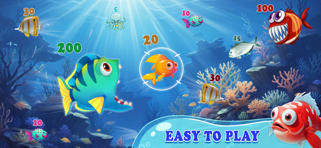 Fish Eat Fish Hunting Games - Un pez grande comiendo un pez pequeño en un entorno de juego de caza submarino colorido
