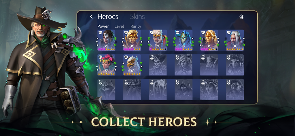 Hero collection screen in Age of Magic showing a roster of legendary fantasy characters.