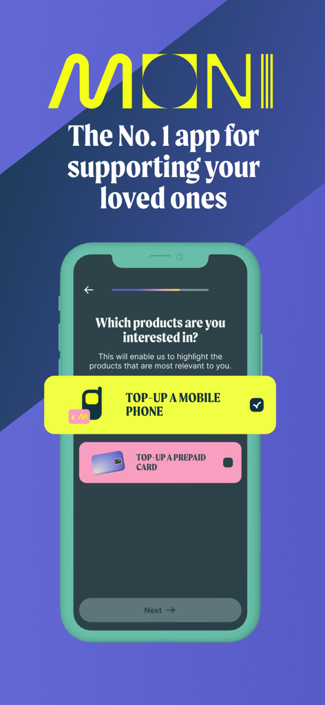 MONI | Mobile & Prepaid topups - Interfaz de la aplicación MONI que muestra opciones para recarga de teléfono móvil y recarga de tarjeta prepago