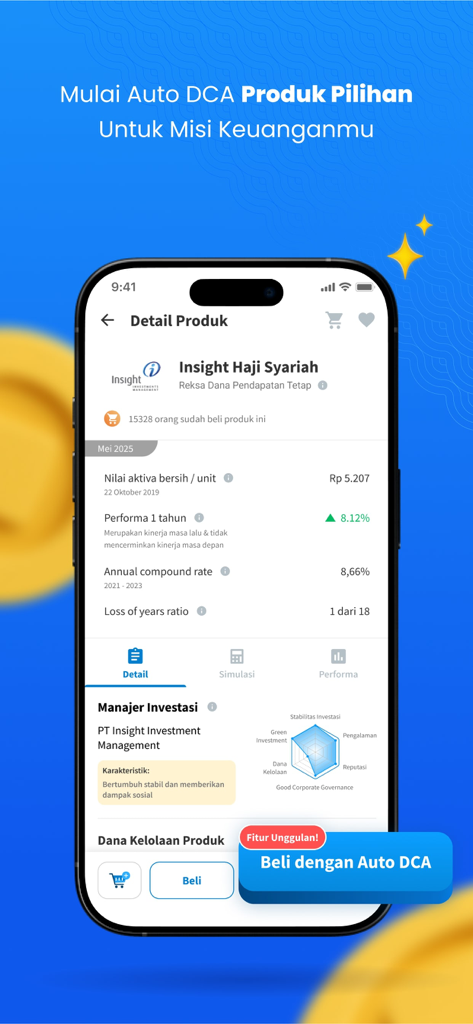 FUNDtastic - Pantalla de la aplicación FUNDtastic que muestra el rendimiento del producto de inversión y la función DCA automática