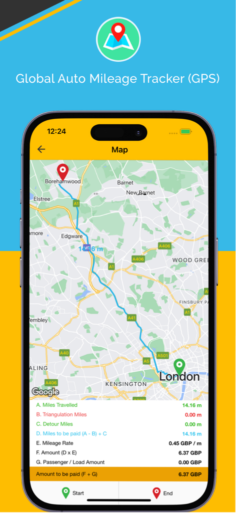 ExpenseOnDemand: Expenses App - ExpenseOnDemand app screenshot showing the GPS mileage tracker feature with a map route and calculated travel expenses