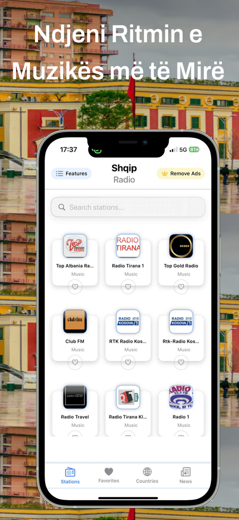 Radio Shqip Live - Interface of the Radio Shqip Live app showing a list of Albanian radio stations