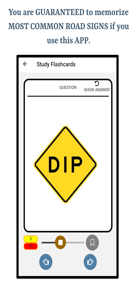 Driving Road Signs - Tela de flashcards do aplicativo Driving Road Signs mostrando uma placa de trânsito amarela de DESFILADEIRO para preparação para o teste da DMV