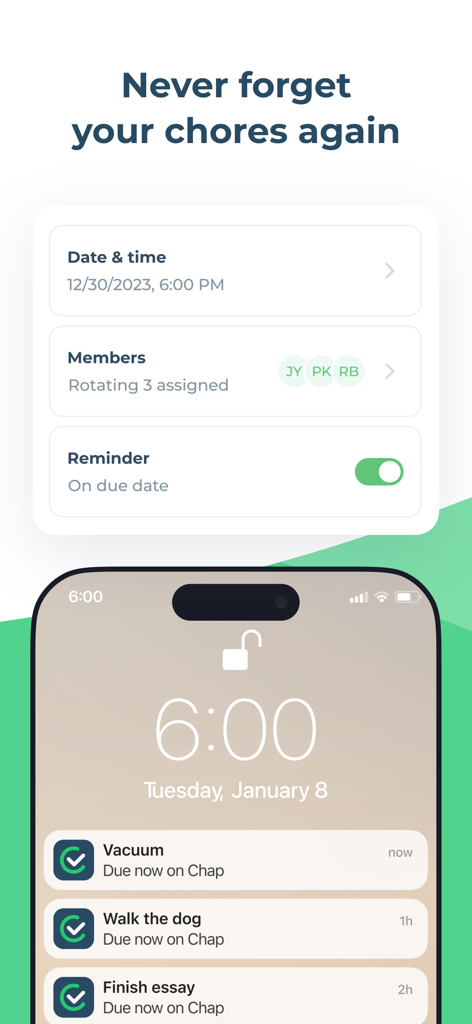 Interfaz de la app Chap para configurar recordatorios de tareas y pantalla de bloqueo del smartphone mostrando notificaciones de tareas como aspirar y pasear al perro.