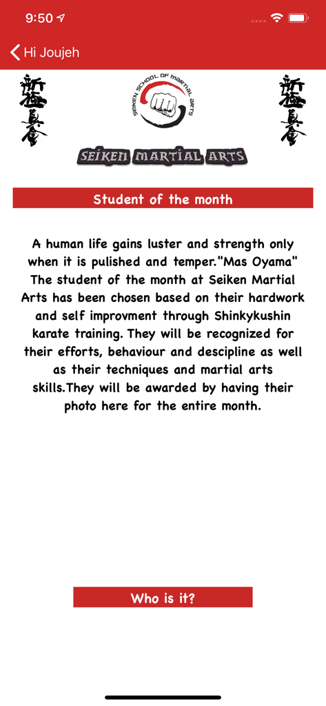 Seiken - Student of the month screen in the Seiken Martial Arts app featuring an inspirational quote and selection criteria.
