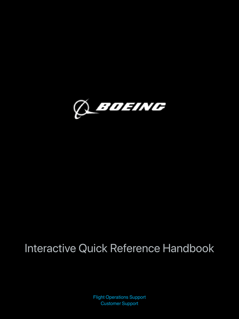 Launch screen of the Boeing Interactive Quick Reference Handbook showing the Boeing logo and application title on a black background