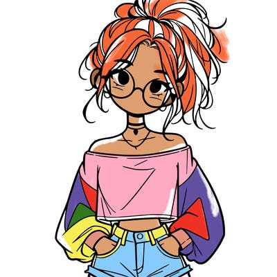 girl with a messy ponytail glasses a baggy crop top and jean shorts